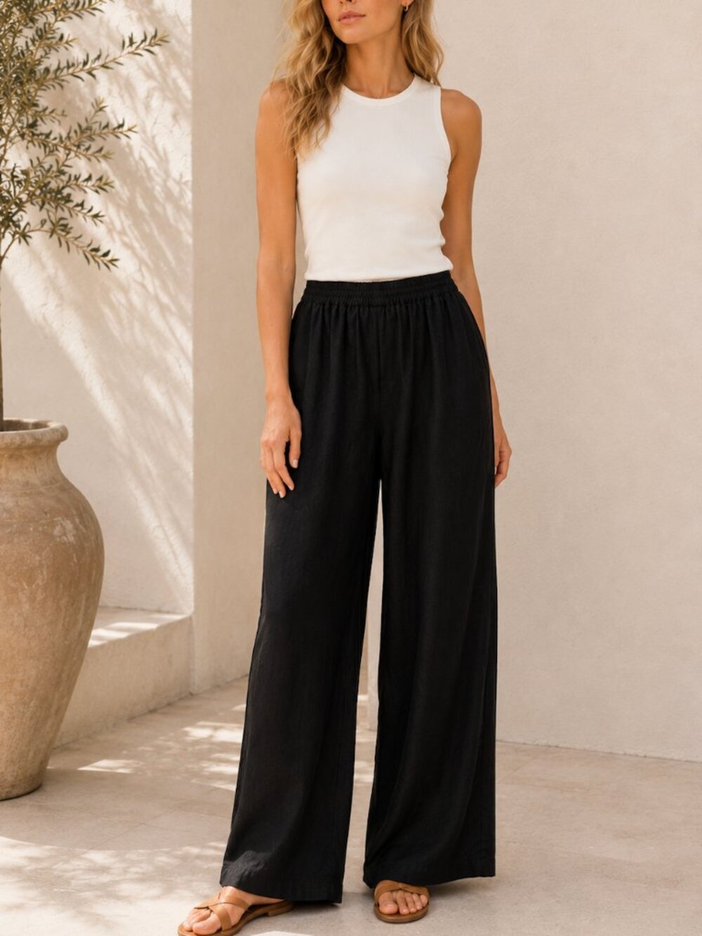 EVEREVE Black Linen Blend Wide Leg Pants Relaxed Pull On Coastal Chic - Picture 1 of 9